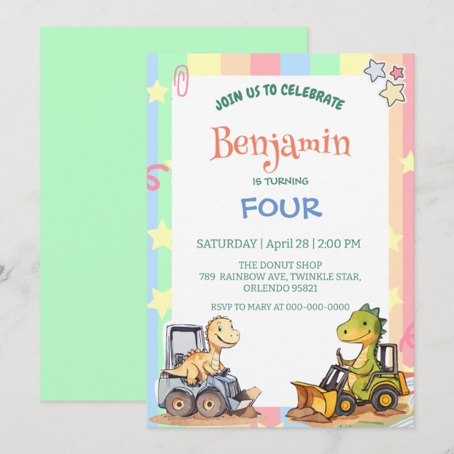 Niedlicher Dinosaurier-Traktor Rainbow-Ballon Gebu Einladung (Vorne/Hinten)