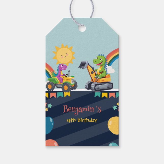 Niedlicher Dinosaurier-Traktor Rainbow-Ballon HBD Geschenkanhänger (Vorderseite)