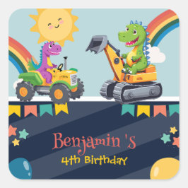Niedlicher Dinosaurier-Traktor Rainbow-Ballon HBD Quadratischer Aufkleber