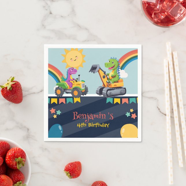 Niedlicher Dinosaurier-Traktor Rainbow-Ballon HBD Serviette (Beispiel)