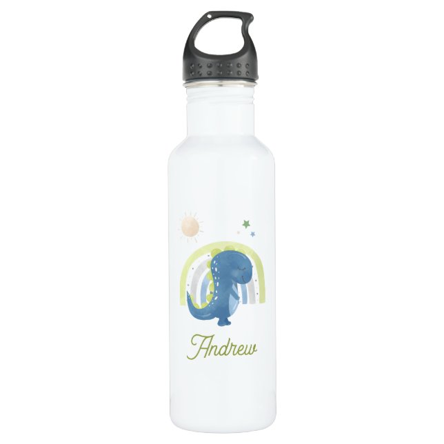 Niedlicher Dinosaurier und Rainbow Kid's Boy Name Edelstahlflasche (Vorderseite)