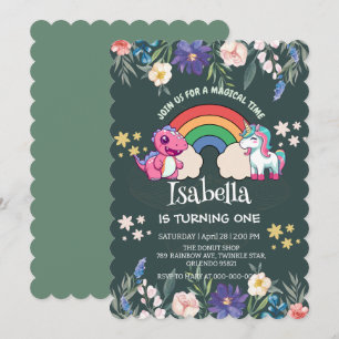 Niedlicher Dinosaurier Unicorn Regenbogen Blumenge Einladung