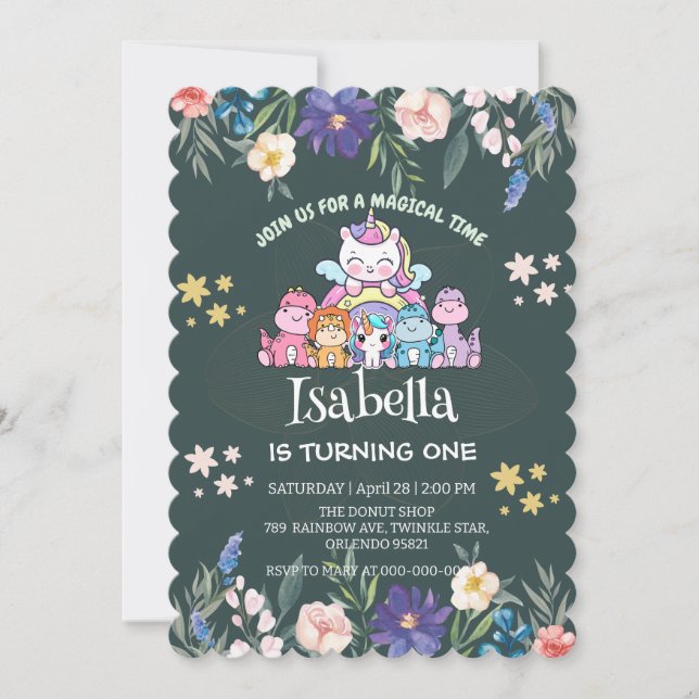 Niedlicher Dinosaurier Unicorn Regenbogen Blumenge Einladung (Vorderseite)