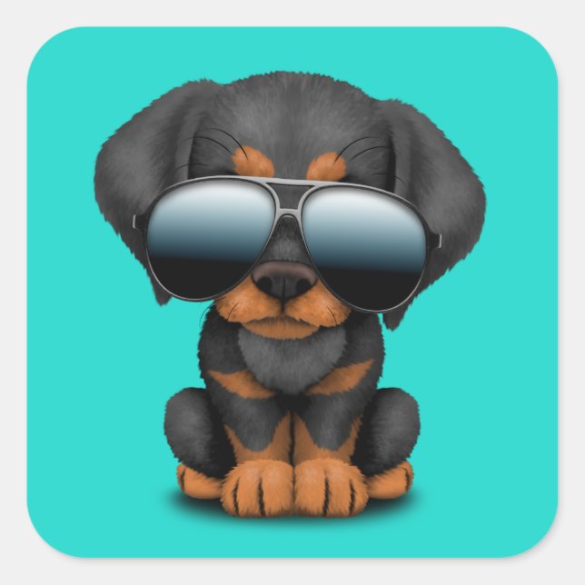 Niedlicher Doberman Welpenhund mit Sonnenbrille Quadratischer Aufkleber (Vorderseite)