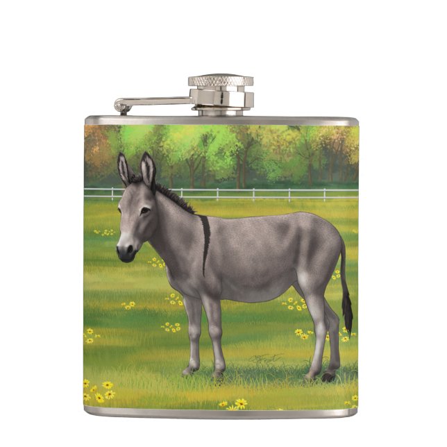 Niedlicher Donkey Gray Burro in Weide Flachmann (Vorderseite)