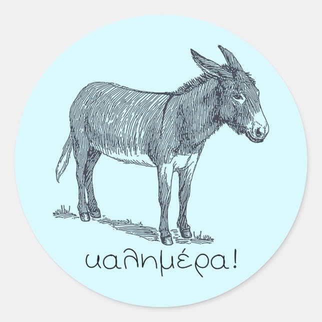 Niedlicher Donkey & Kalimera (guter Morgen) in gri Runder Aufkleber (Vorderseite)