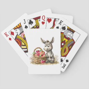Niedlicher Donkey mit Äpfeln, die Karten spielen Spielkarten