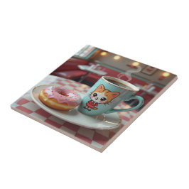 Niedlicher Donut und Kaffee in Retro Diner Fliese