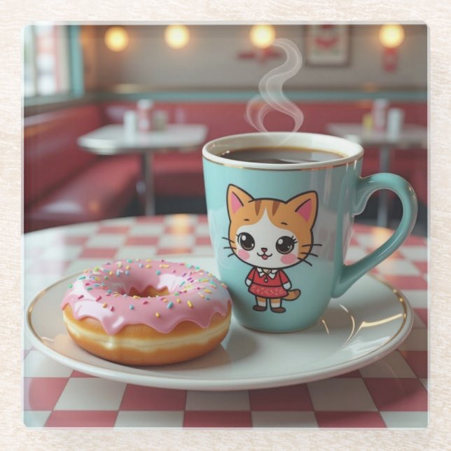 Niedlicher Donut und Kaffee in Retro Diner Glasuntersetzer (Vorderseite)