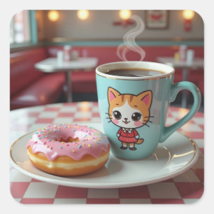Niedlicher Donut und Kaffee in Retro Diner Quadratischer Aufkleber