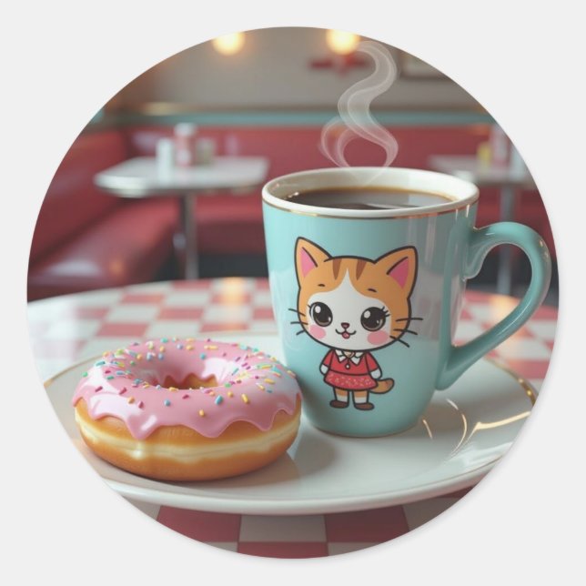 Niedlicher Donut und Kaffee in Retro Diner Runder Aufkleber (Vorderseite)