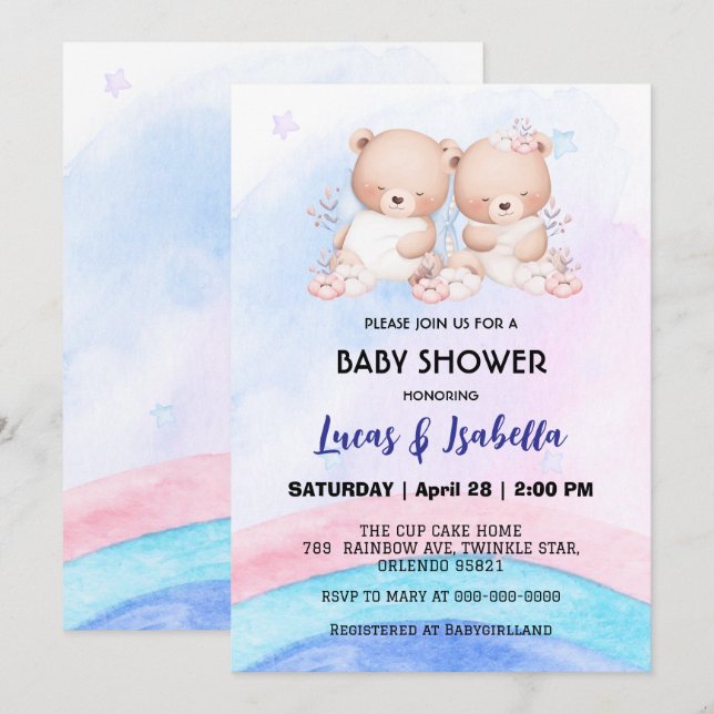 Niedlicher Doppelstar Ballon Babydusche Party Einladung (Vorne/Hinten)