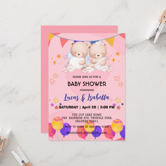Niedlicher Doppelstar Ballon Babydusche Party Einladung (Vorderseite/Rückseite Beispiel)
