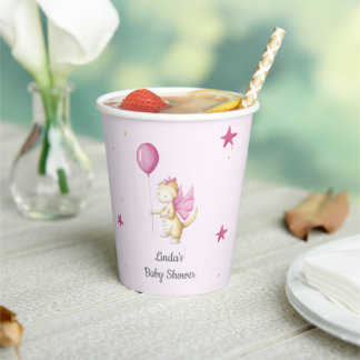 Niedlicher Drache mit Balloon Girl Pink Babydusche Pappbecher