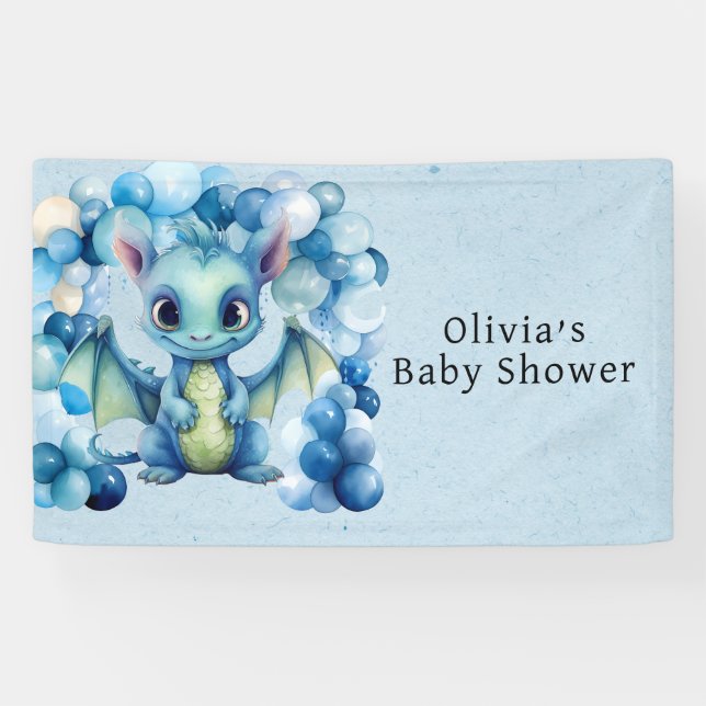 Niedlicher Drache mit Blue Balloons Boy Baby Dusch Banner (Horizontal)