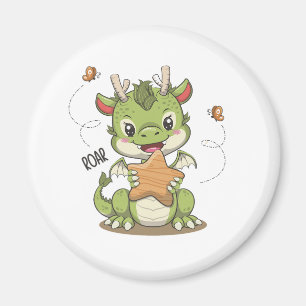 Niedlicher Drache mit Holzstern und Schmetterling Magnet