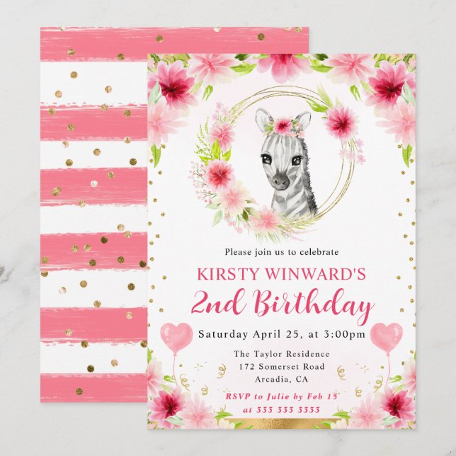 Niedlicher Dschungel Zebra Kindergeburtstag Einladung (Vorne/Hinten)