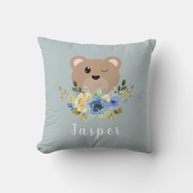 Niedlicher Dusty Blue Teddy Bärenname Kinder Kissen (Vorderseite)