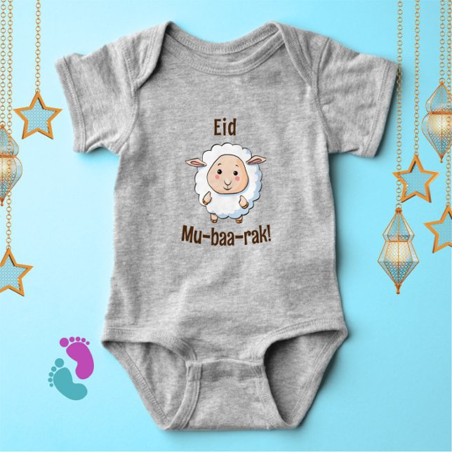 Niedlicher "Eid Mubarak" Sheep Funny Baby Bodysuit Baby Strampler (Celebrate the joy of Eid with this cute "Eid Mu-baa-rak!" cartoon sheep baby bodysuit!)
