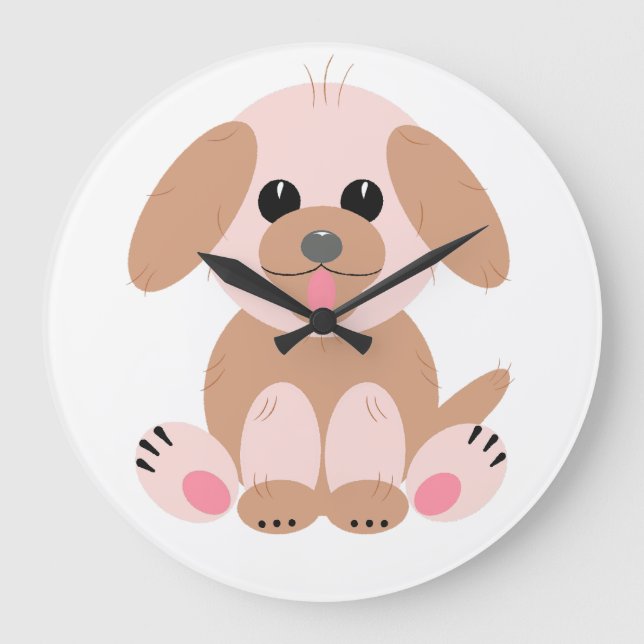Niedlicher, einfacher Welpen-Hund-Cartoon Pastel Große Wanduhr (Vorderseite)