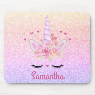 Niedlicher Einhorn-Gesicht Regenbogen-Glitzer Rosa Mousepad
