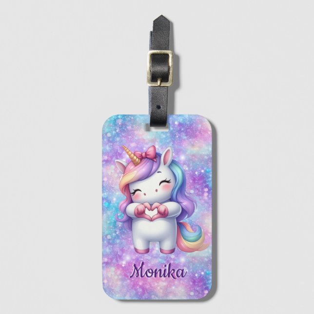 Niedlicher Einhorn Glitzer I Liebe Sie Personalisi Gepäckanhänger (Vorderseite Vertikal)