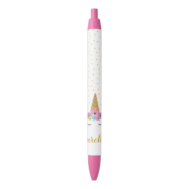 Niedlicher Einhorn Gold Glitzer Rosa Chic Individu Kugelschreiber (Vorderseite Vertikal)