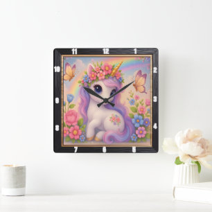 Niedlicher Einhorn-Schmetterling-Regenbogen Quadratische Wanduhr