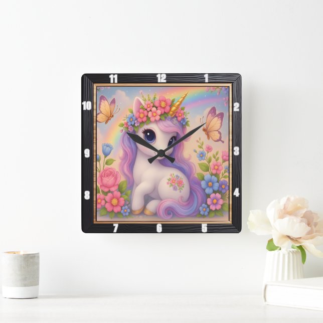 Niedlicher Einhorn-Schmetterling-Regenbogen Quadratische Wanduhr (Zuhause)
