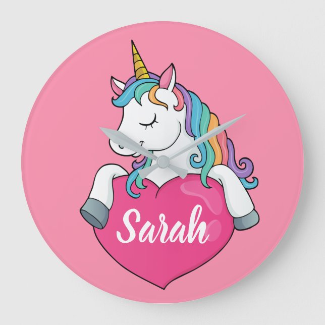 Niedlicher Einhornname Personalisiert  Große Wanduhr (Vorderseite)