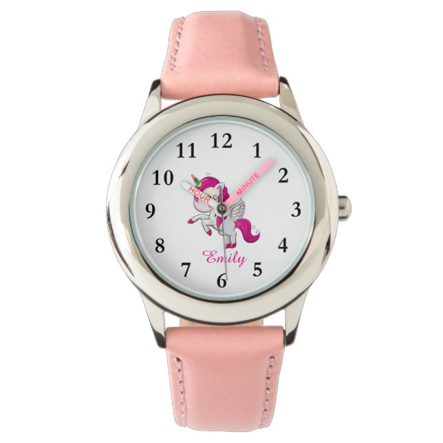 Niedlicher Einhornname Personalisierter Name Kinde Armbanduhr (Vorderseite)
