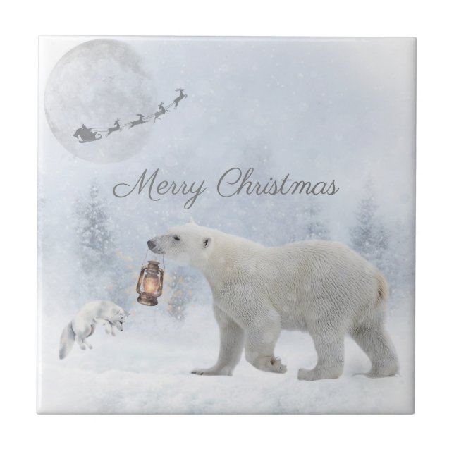 Niedlicher Eisbär Arctic Fox Weihnachtsfest Fliese (Vorderseite)