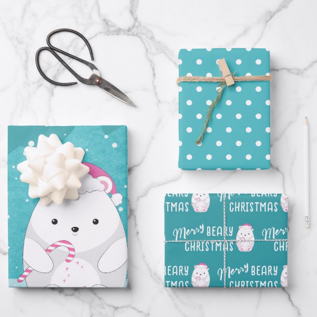 Niedlicher Eisbär Cartoon Bär Aquamarines Blau Geschenkpapier Set (Vorderseite)