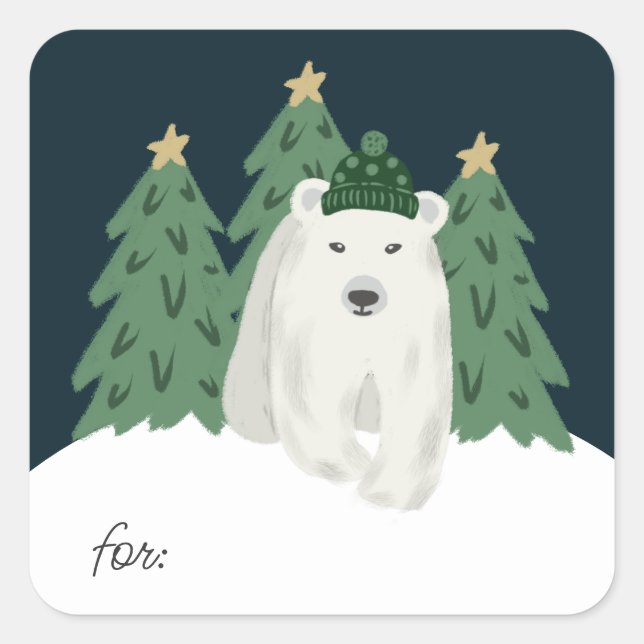Niedlicher Eisbär und Weihnachtsbaumgeschenk Quadratischer Aufkleber (Vorderseite)