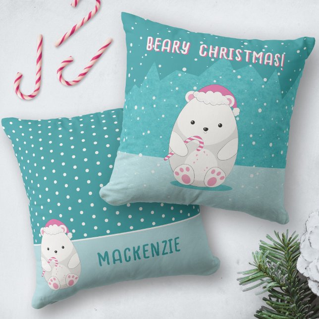 Niedlicher Eisbär Weihnachtskids Name Blau Kissen (Von Creator hochgeladen)