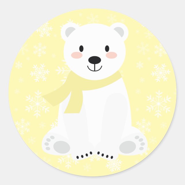 Niedlicher Eisbär Winterschneeflocken Gelb Runder Aufkleber (Vorderseite)