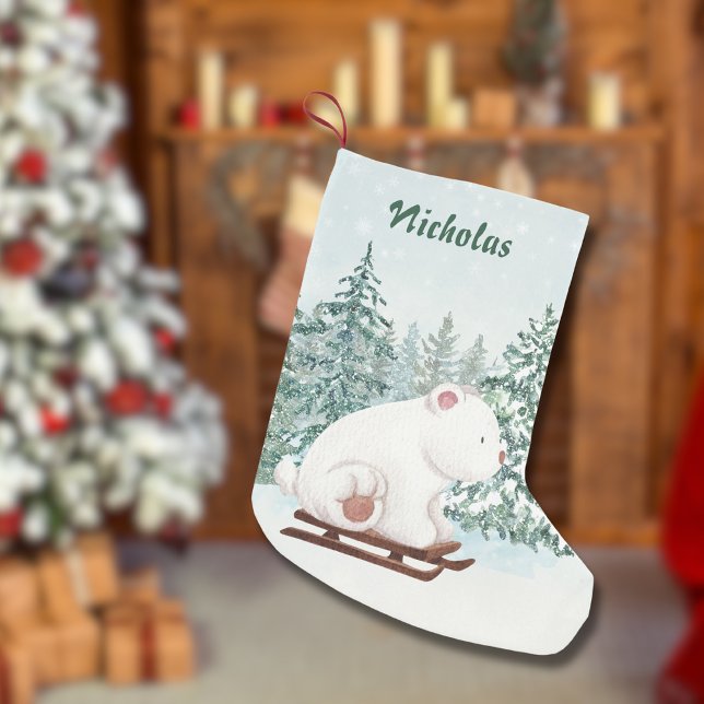 Niedlicher Eisbär zu Weihnachten auf dem Schlitten Kleiner Weihnachtsstrumpf (Von Creator hochgeladen)