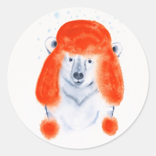 Niedlicher Eisbärenkuppel in Red Winter Hat Weihna Runder Aufkleber (Vorderseite)