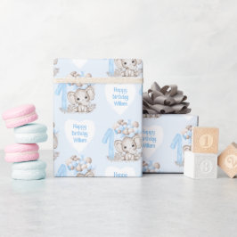 Niedlicher Elefant | 1. Geburtstag Junge Blau Pers Geschenkpapier