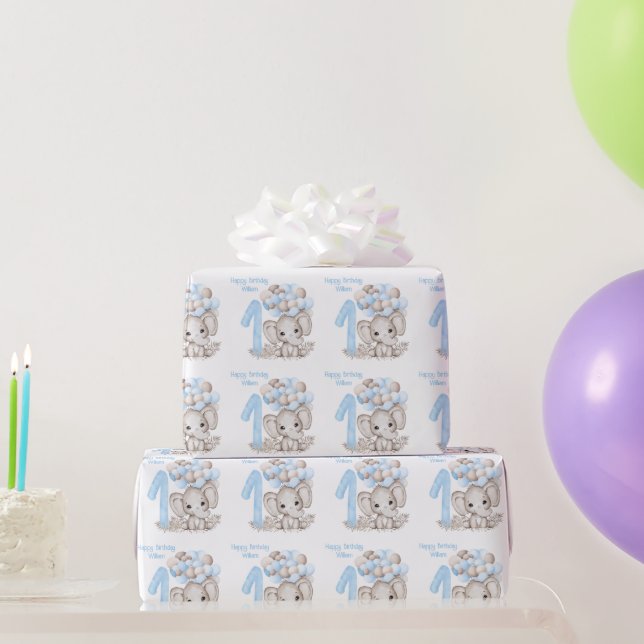 Niedlicher Elefant | 1. Geburtstag Junge Blau Pers Geschenkpapier (Partygeschenke)