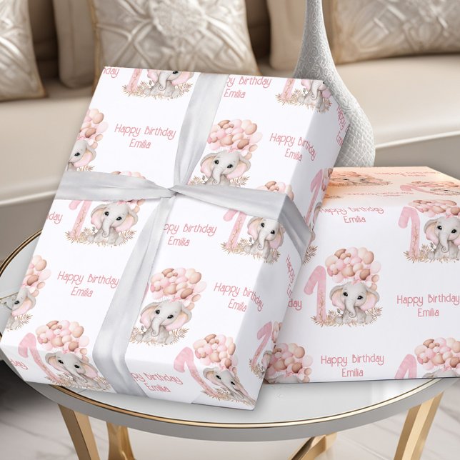 Niedlicher Elefant 1. Geburtstag Rosa Personalisie Geschenkpapier (Cute Elephant 1st Birthday Girl Pink Personalized Wrapping Paper)