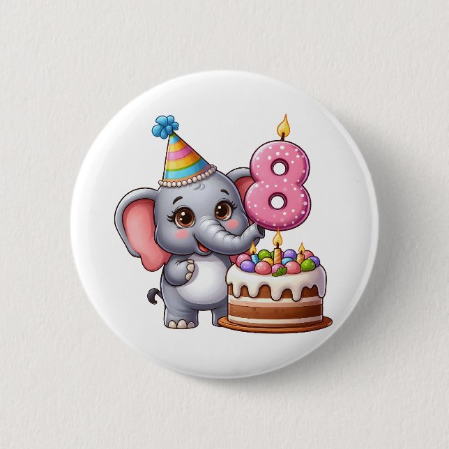 Niedlicher Elefant 8. Geburtstag Button (Vorderseite)