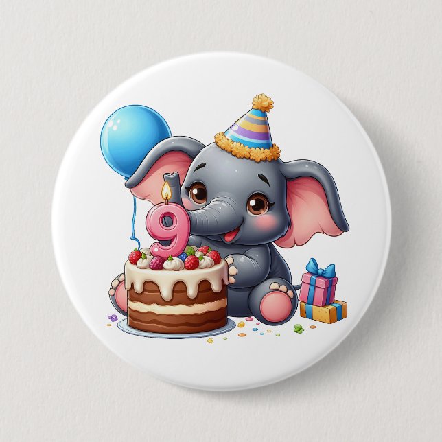 Niedlicher Elefant 9. Geburtstag Button (Vorderseite)