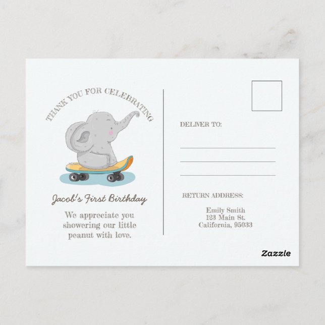 Niedlicher Elefant auf einem Skateboard. Postkarte (Rückseite)