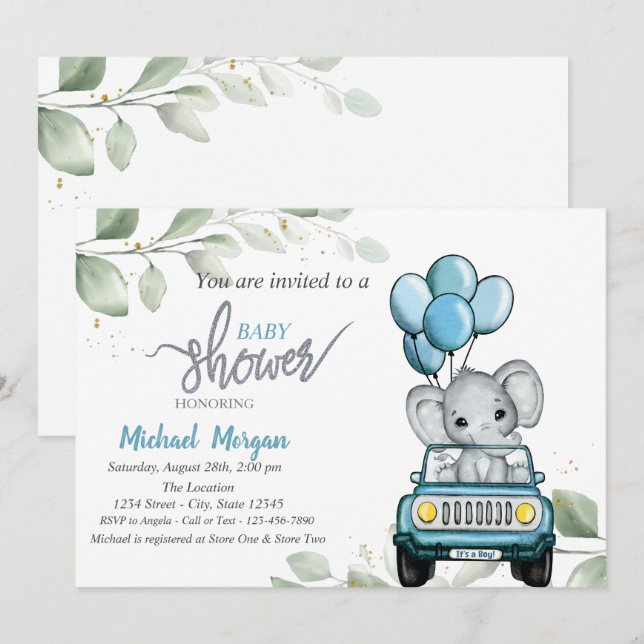 Niedlicher Elefant, Auto, Balloons, Blätter Kinder Einladung (Vorne/Hinten)
