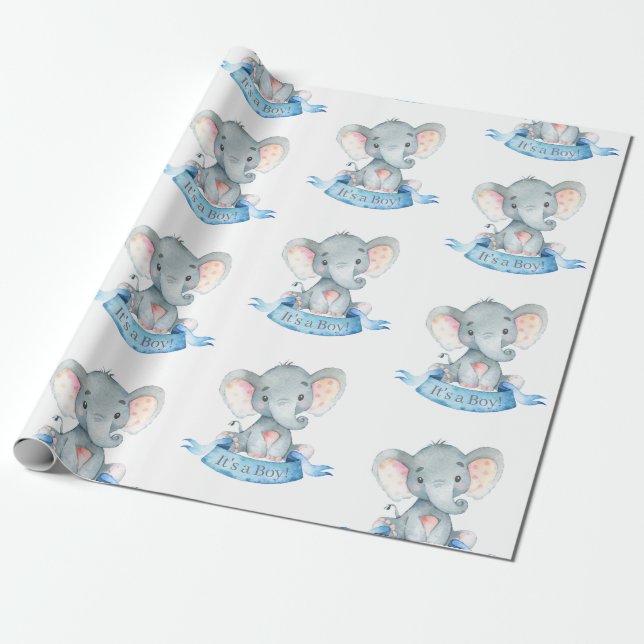 Niedlicher Elefant Baby Boy Blue und Grau Geschenkpapier (Ungerollt)