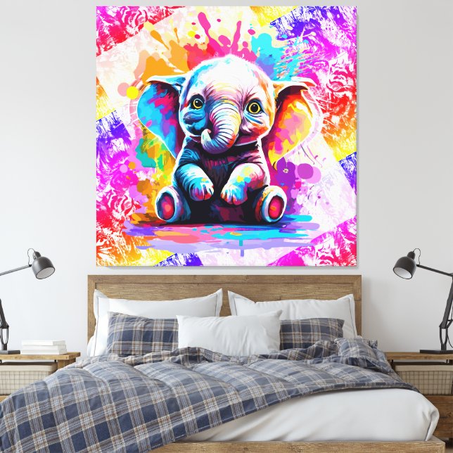 Niedlicher Elefant - farbenfrohe Elefantenmalerei Leinwanddruck (Insitu (Schlafzimmer))