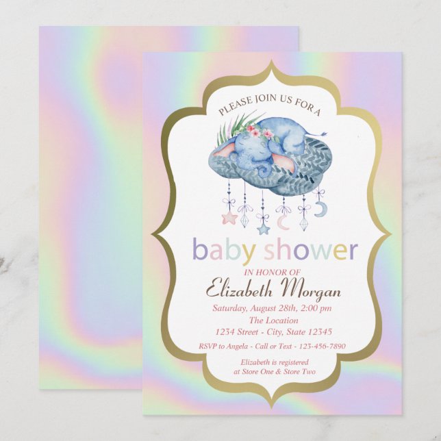 Niedlicher Elefant, florale, holografische Babydus Einladung (Vorne/Hinten)