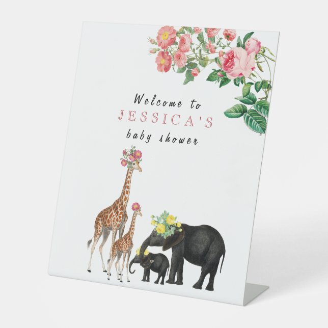 Niedlicher Elefant & Giraffe Kinderdusche Begrüßun Sockelschild (Vorderseite)
