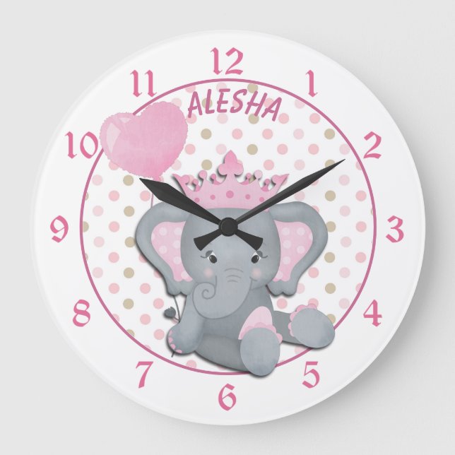 Niedlicher Elefant Girl Prinzessin Großuhr Große Wanduhr (Vorderseite)